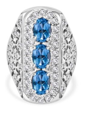 Premium Swiss Blue Topaz White Zircon 3.90CTW Ring Platinum / Sterling Silver 7